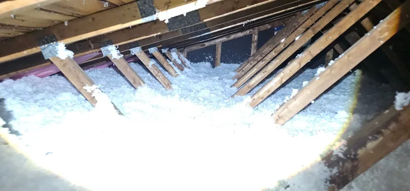Grenier après les travaux : laine soufflée blanche, épaisse, entre les fermes de toit, déflecteurs de ventilation roses à gauche